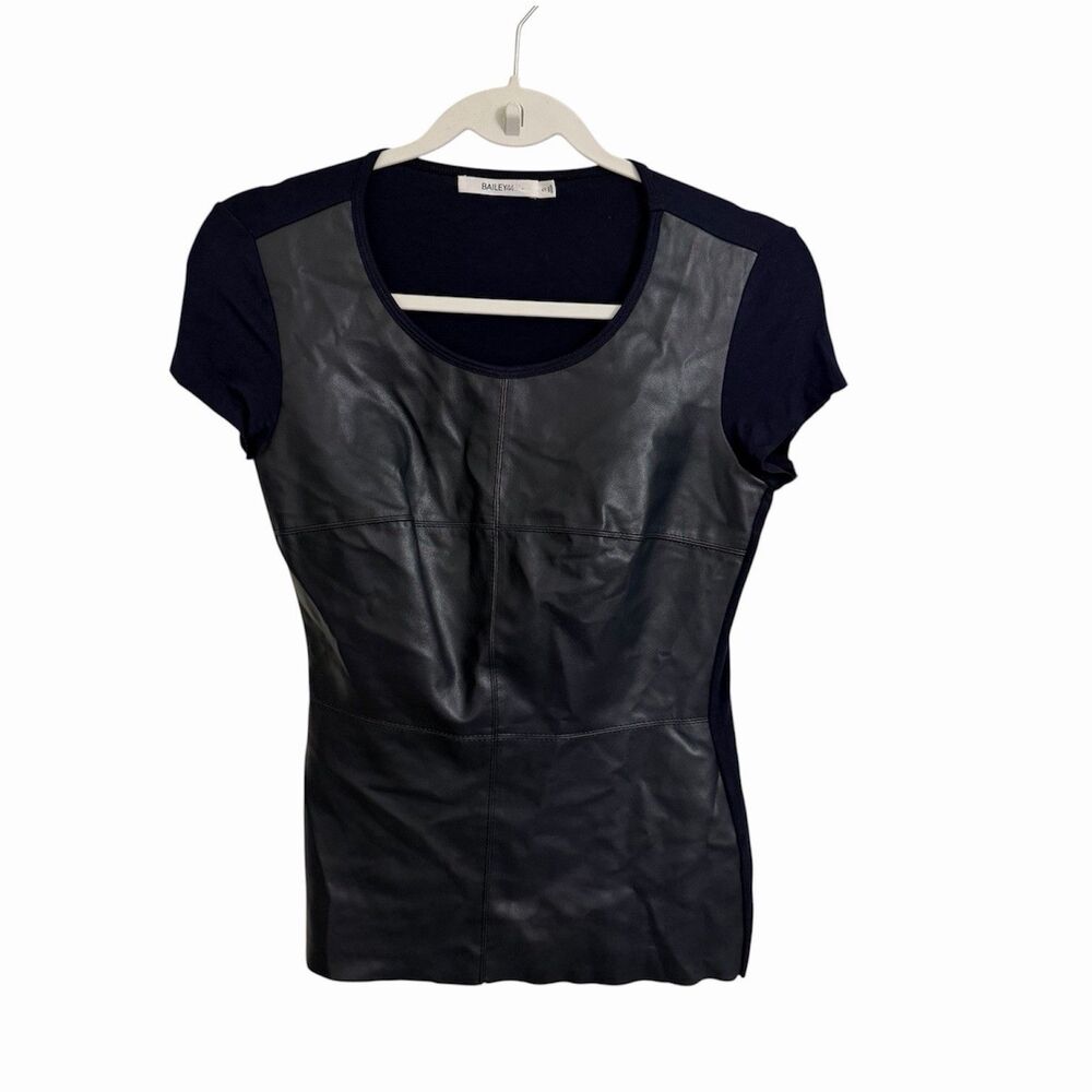 Bailey 44 Blouse Small Dark Blue Hardy Faux Leather Black Short Sleeve Top